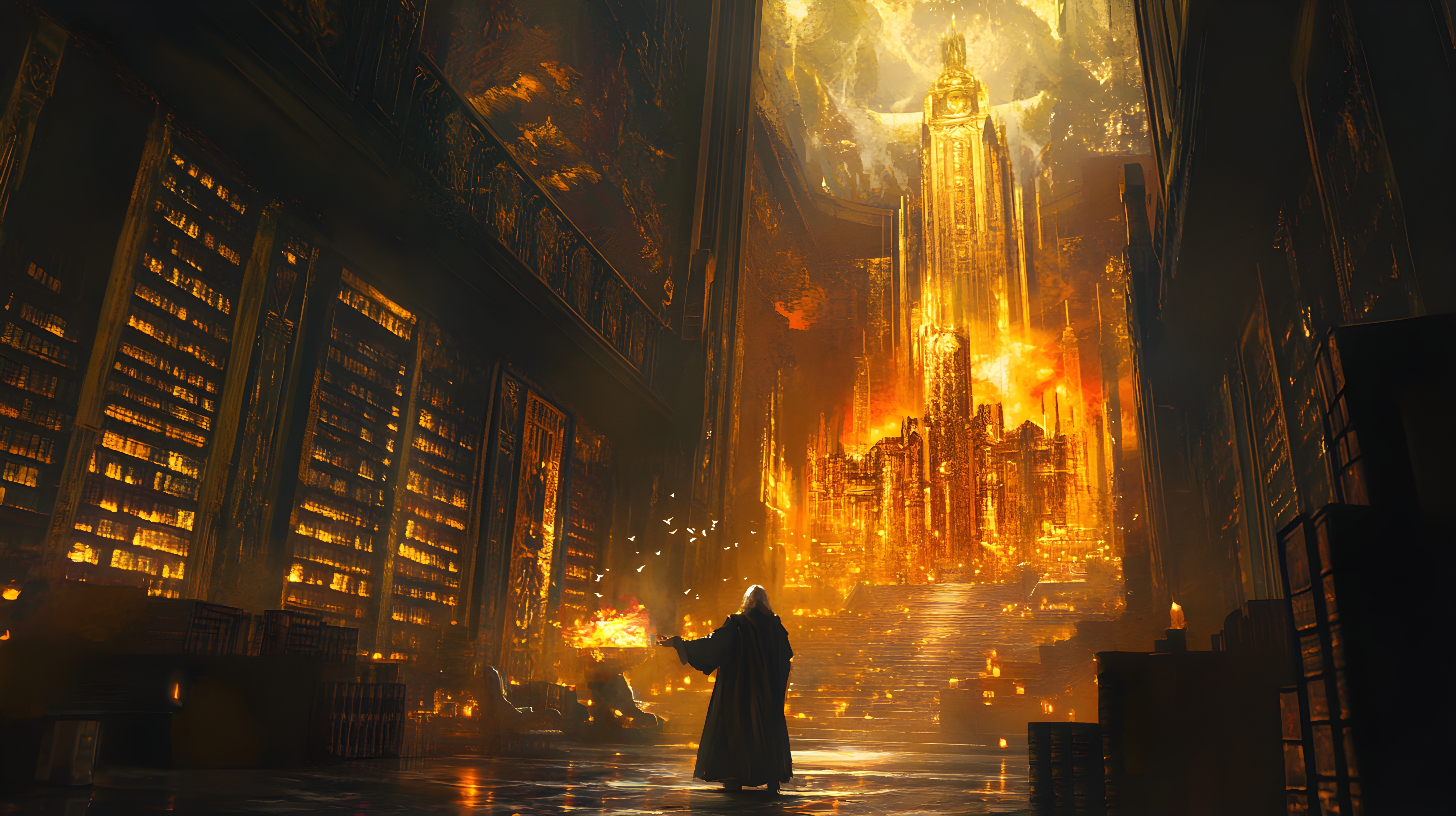 wizard in a golden library