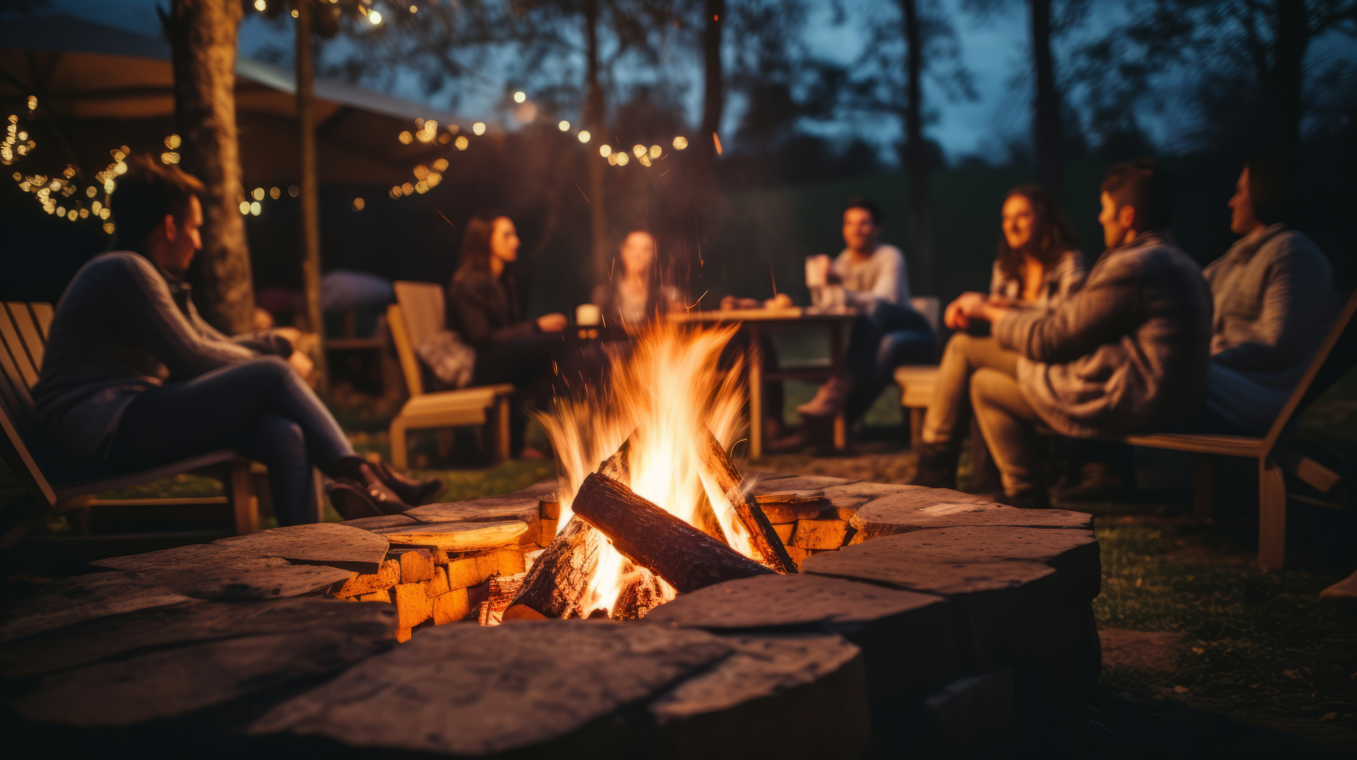 a group of friends sitting around a campfire
