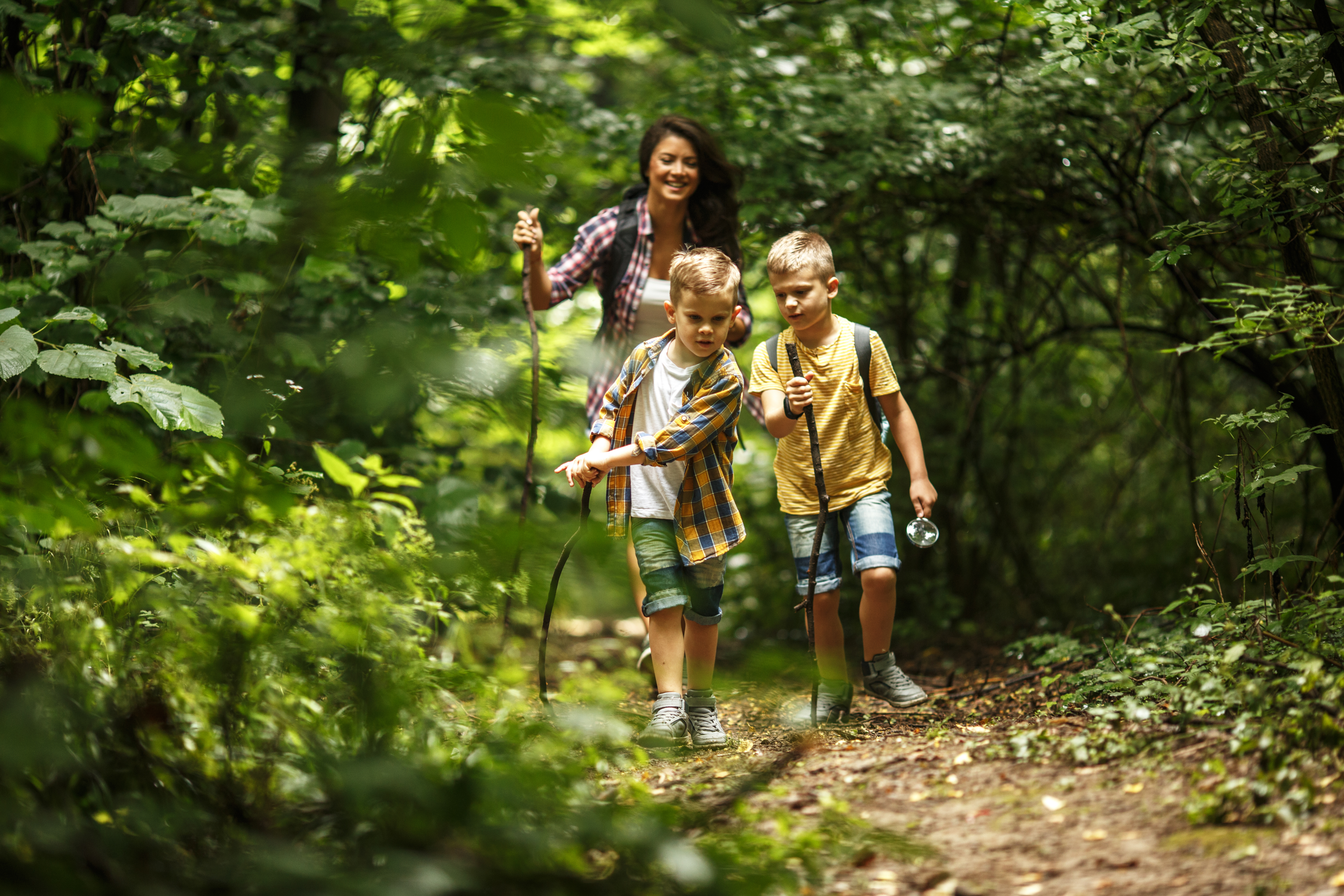 a mother and her kids hiking