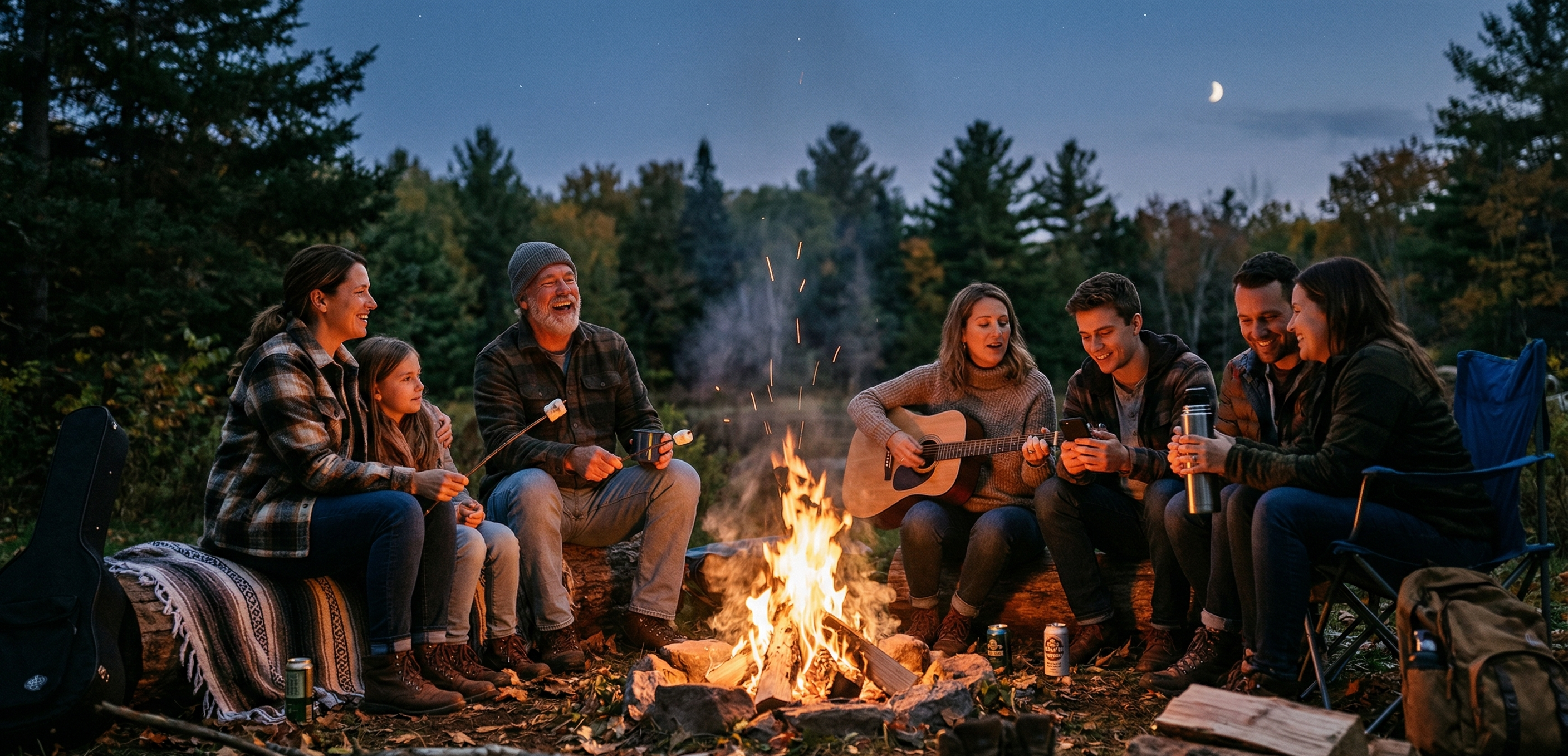 family sitting around a campfire